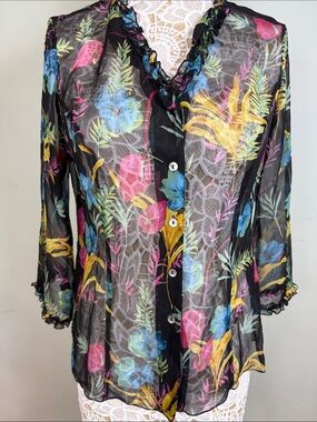 ✨Beautiful Vintage TESS 100% Silk Sheer Tropical Floral Ruffle Button Blouse 10